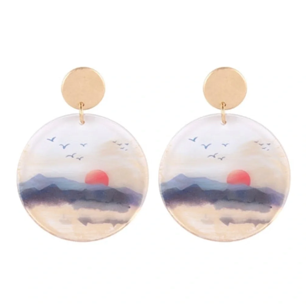 Montana Sky Sunrise Watercolor round statement Earrings - Picture 2 of 2